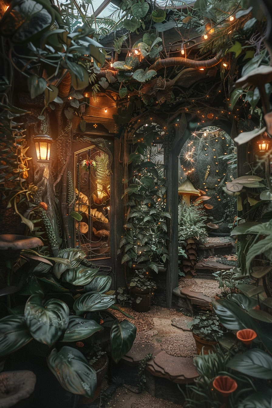 A mystical indoor garden with lush greenery, twinkling lights, and vintage mirrors creating a cozy, enchanted atmosphere.