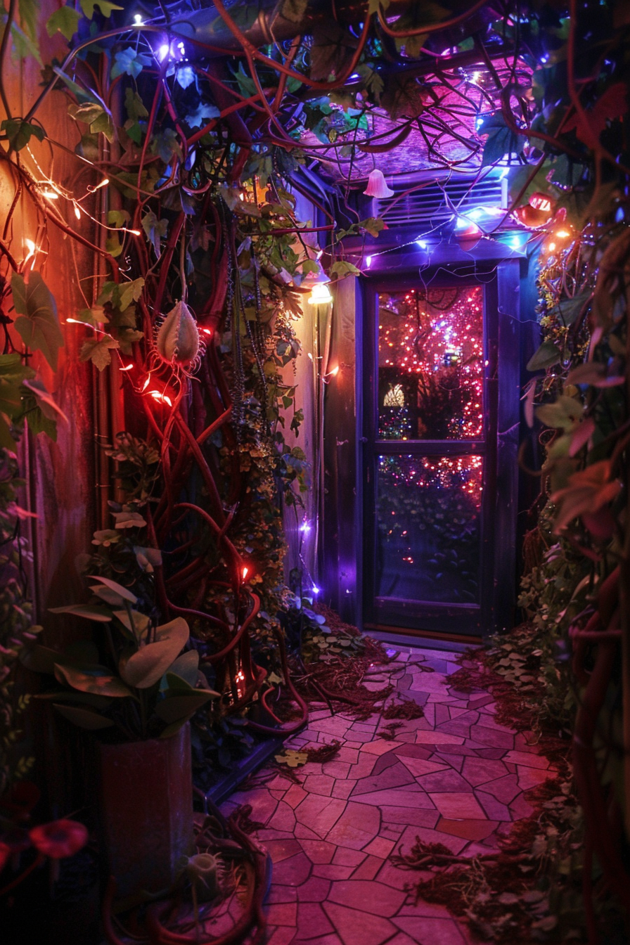 Enchanting indoor garden pathway with vibrant fairy lights intertwined among lush plants leading to a glowing door.