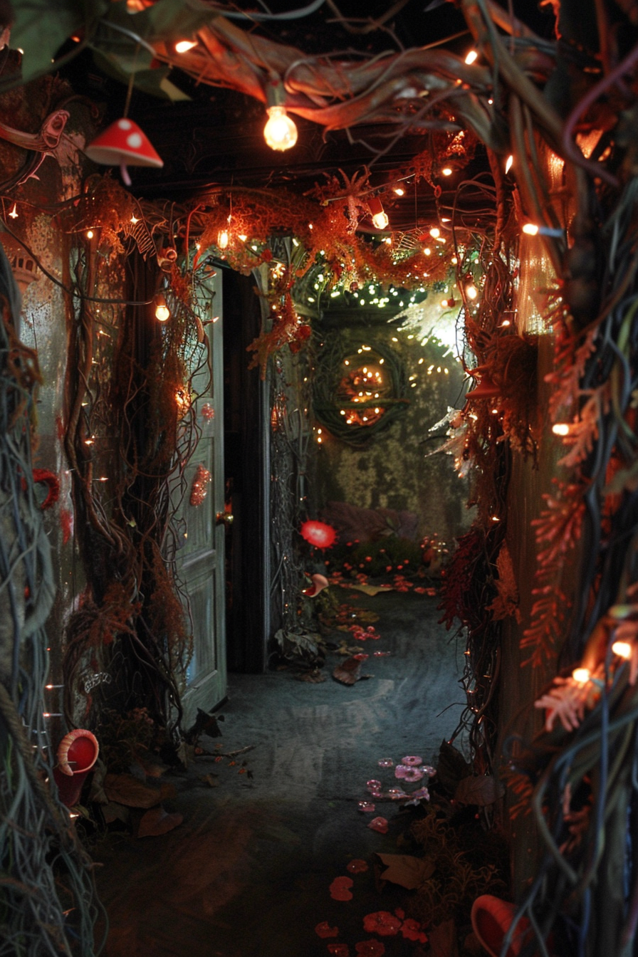 "Dimly lit corridor adorned with vines, leaves, and warm glowing lights, giving a magical and mysterious ambience."