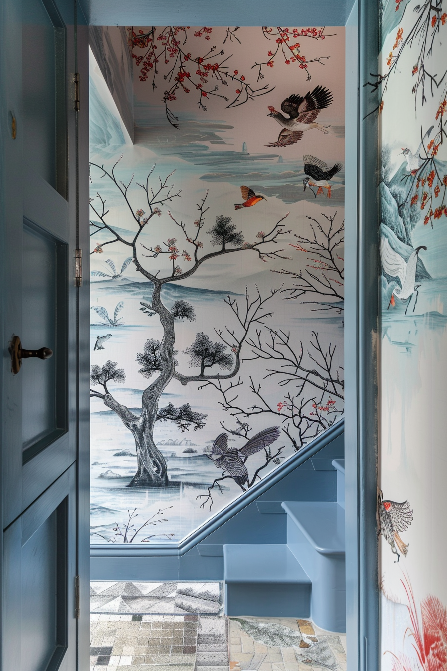 Stairway with blue steps, detailed wallpaper depicting Asian-inspired nature scenes with birds and trees, and patterned tile flooring.