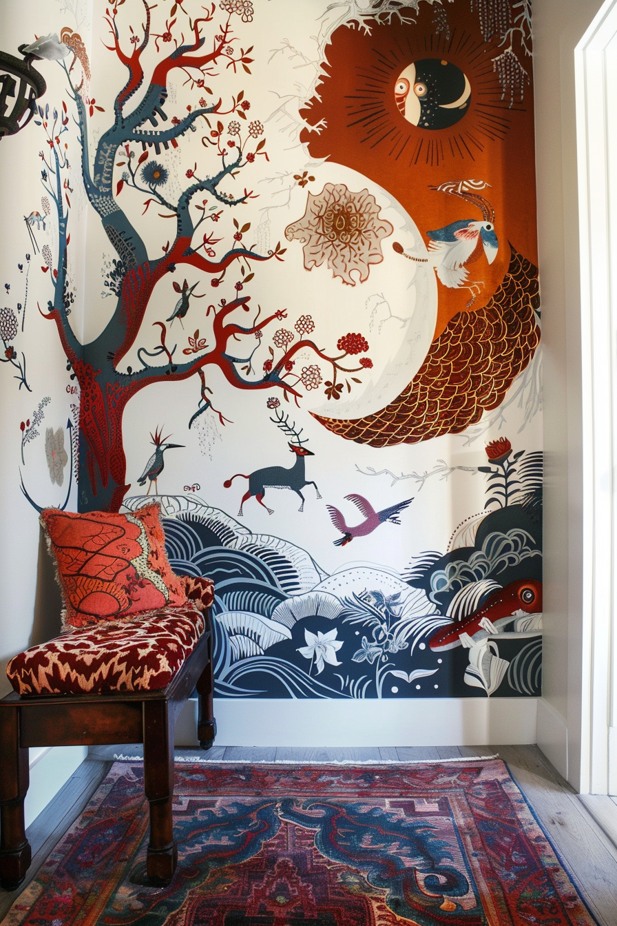 A vibrant corner with an elaborate whimsical mural featuring animals and plants, an ornate chair, and a patterned rug.