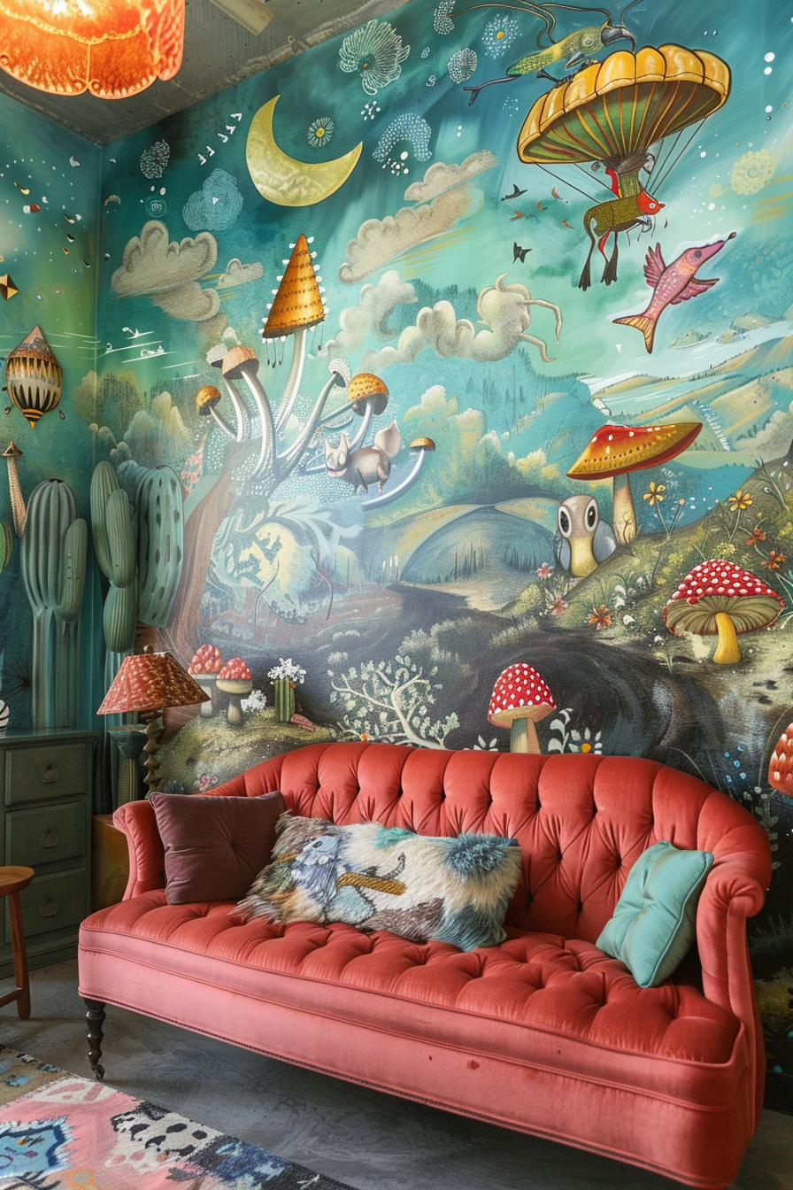 Whimsical room with a coral sofa, vibrant mural with fantasy motifs such as flying fish and cacti, and eclectic accent pillows and rug.