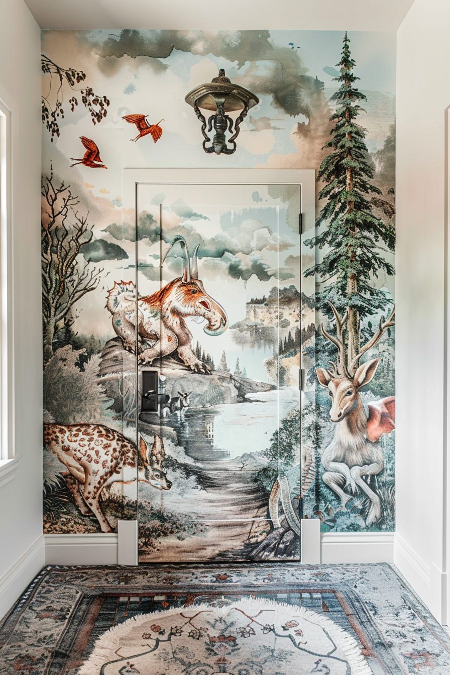 Alt-text: A whimsical room with a mural featuring a fantasy landscape with various animals, trees, and cloudy skies on the walls and door.