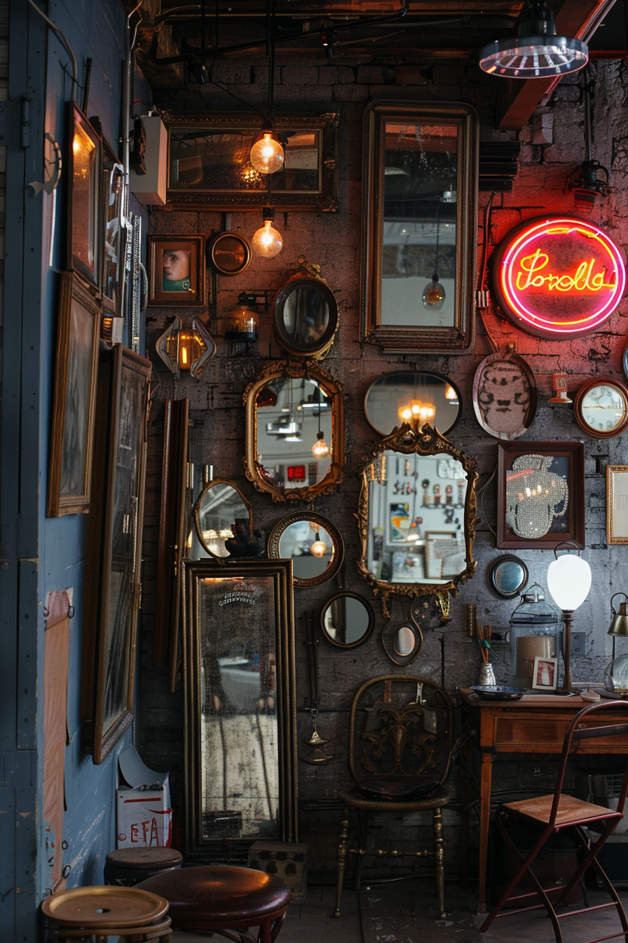 Interior of a vintage shop with assorted framed mirrors on a brick wall, illuminated by warm lights and a neon "Café" sign.