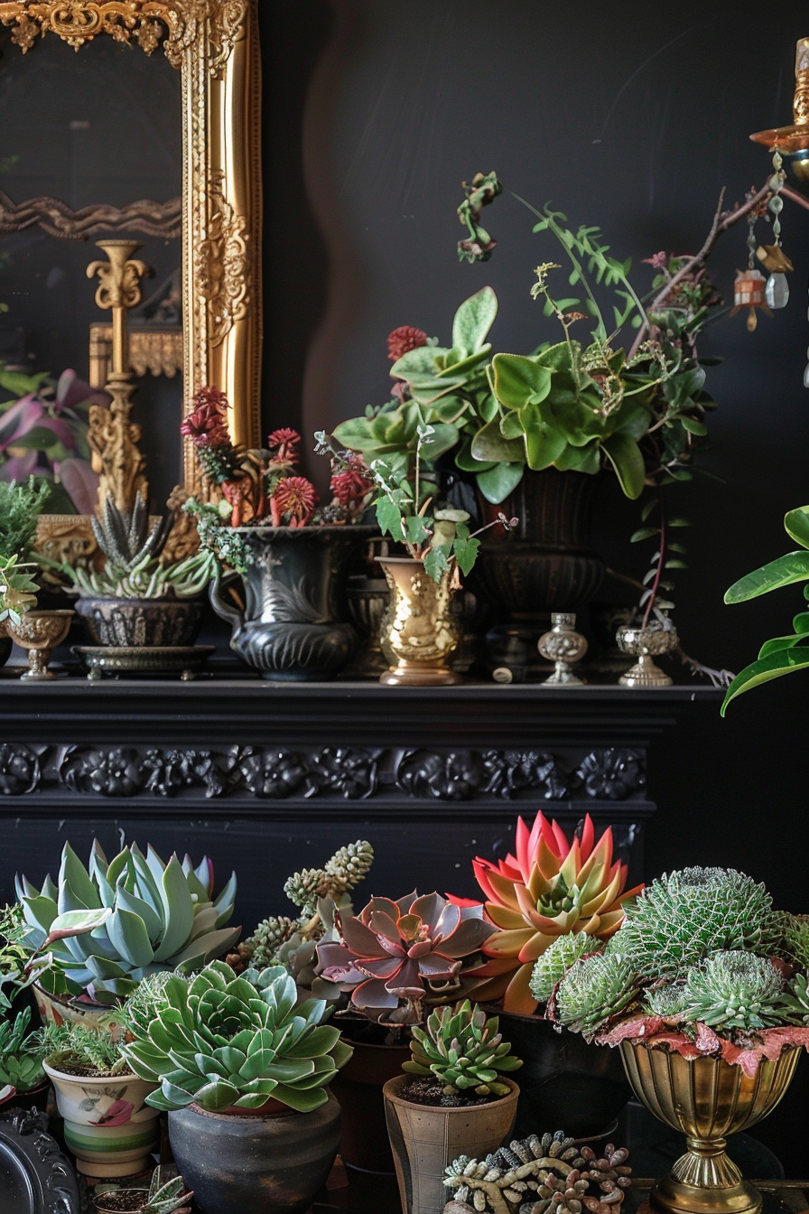 An assortment of succulent plants in decorative pots on a dark wooden mantelpiece with an ornate golden mirror in the background.