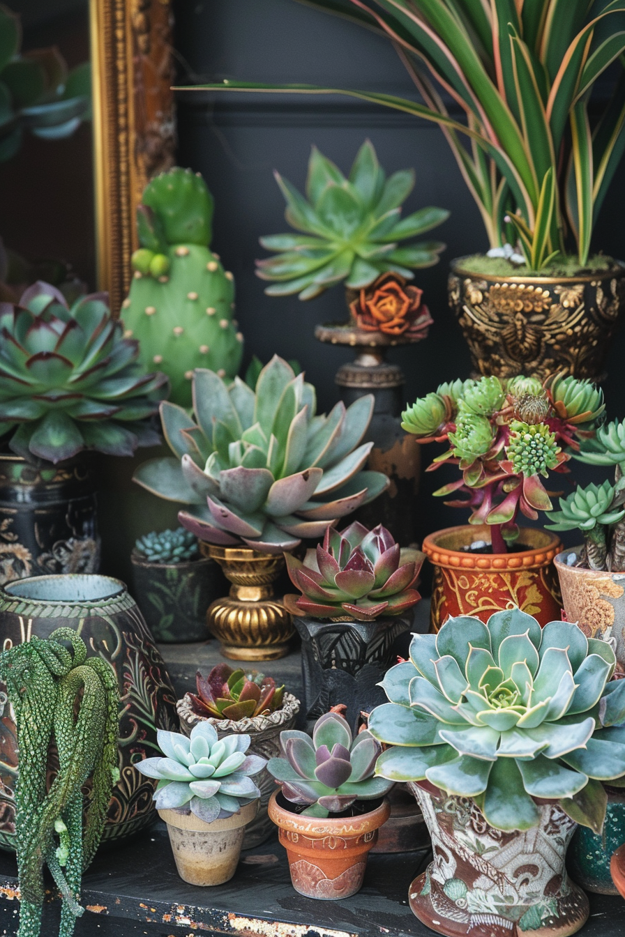 A collection of assorted succulent plants in decorative pots, arranged on shelves, showcasing various shapes and colors.