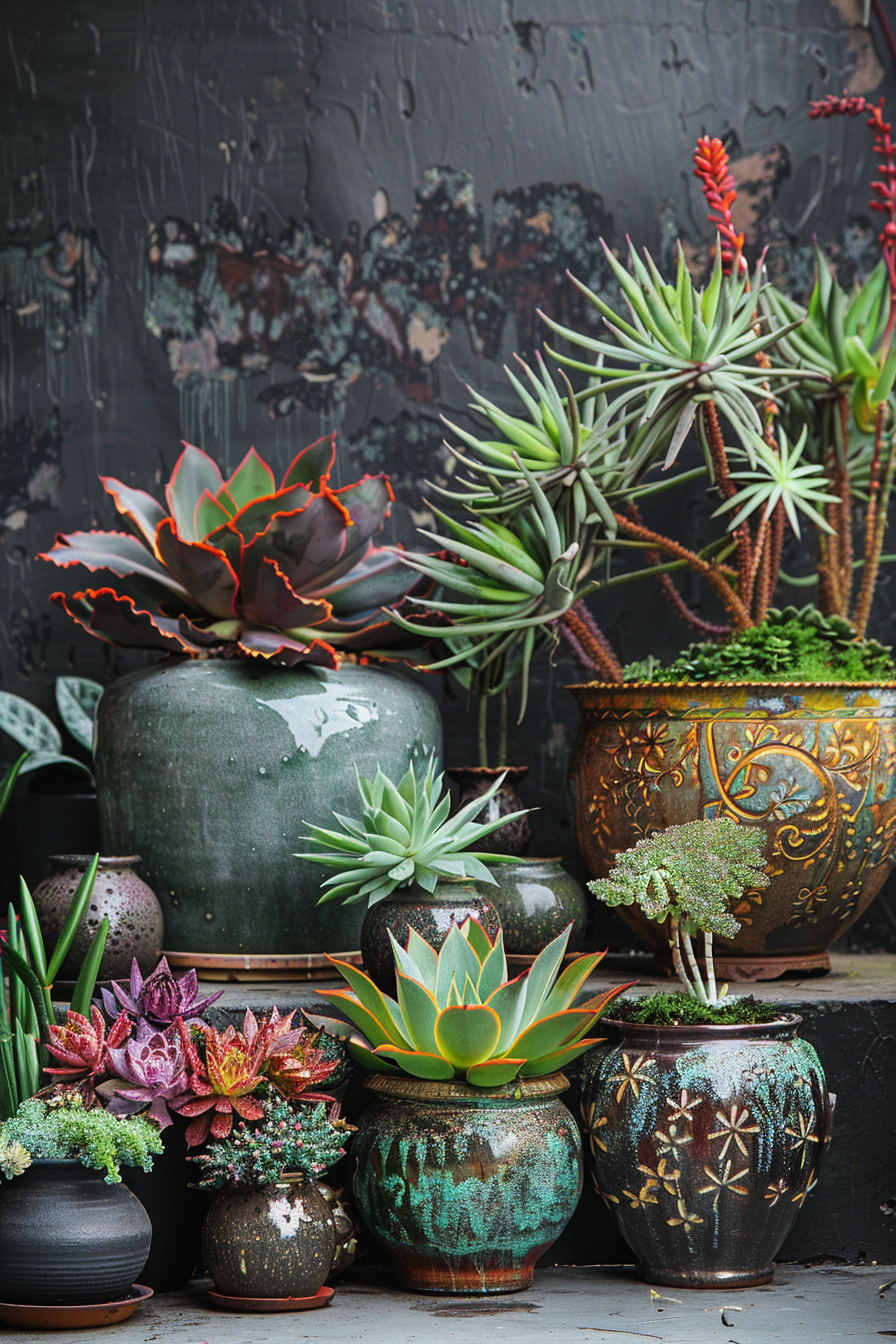 Variety of succulents in decorative pots on a dark textured background.
