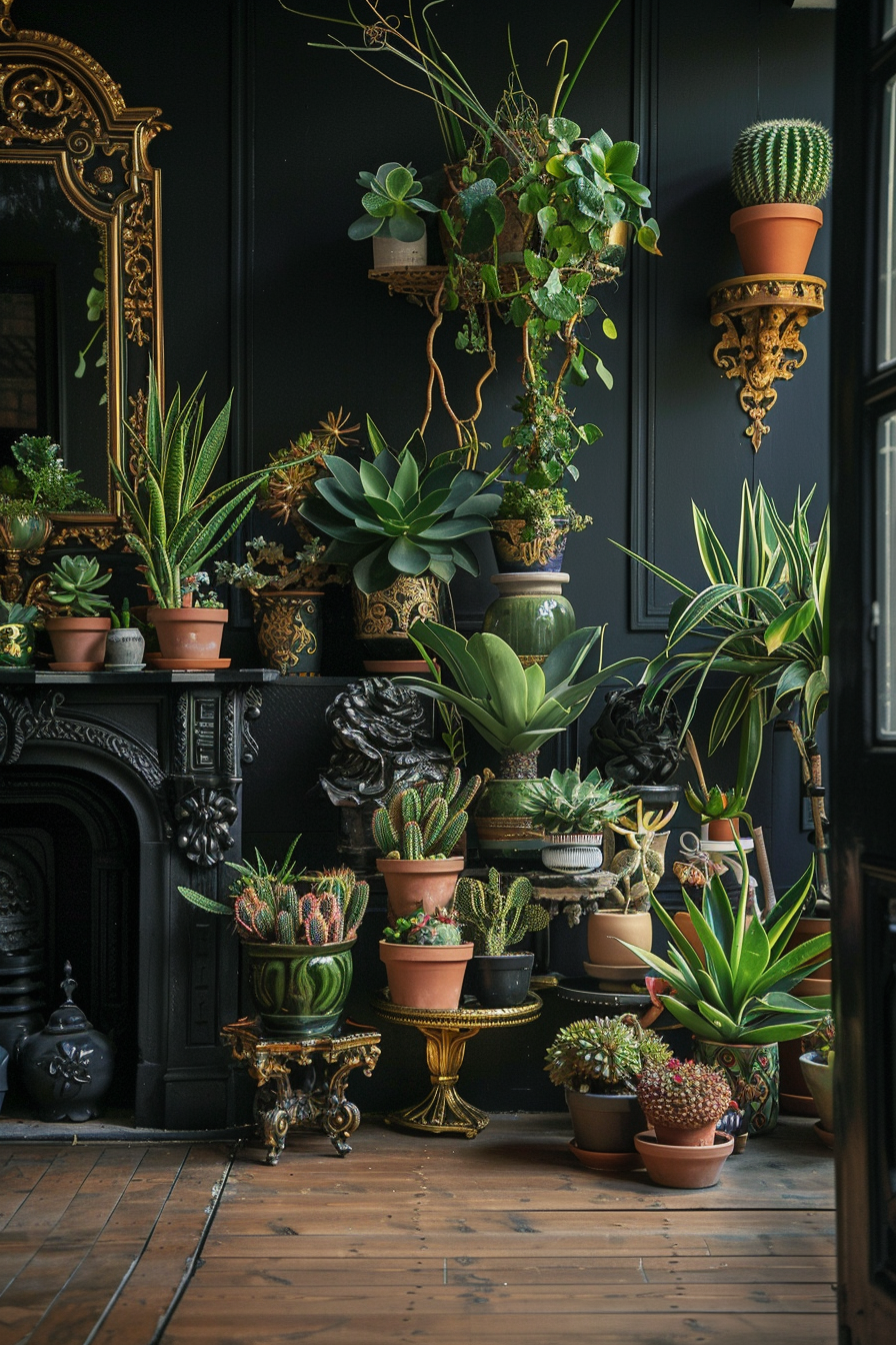 A variety of houseplants arranged in an elegant room with black walls, a golden mirror, and vintage furnishings.