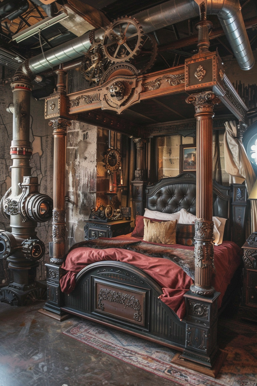 ALT: A steampunk-inspired bedroom with an ornate four-poster bed, mechanical gears on the ceiling, and industrial pipes along the walls.