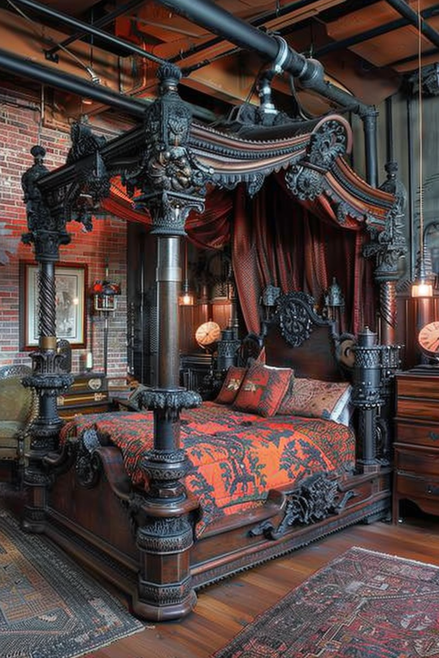 ALT Text: "Ornately carved, dark wood four-poster bed in an industrial loft room with brick walls, exposed pipes, and vintage decor."