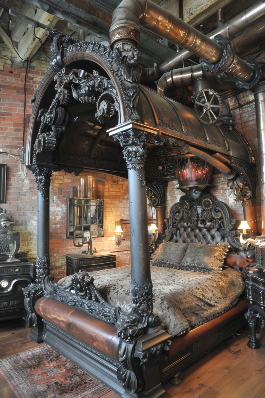 An ornate steampunk-themed bedroom with a four-poster bed, gears and pipes, set against a brick wall backdrop.