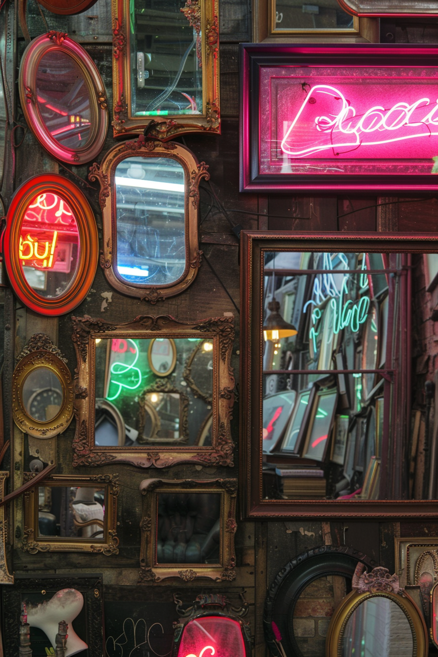 A wall of variously styled mirrors with colorful neon signs reflected in them, creating a vibrant and eclectic display.