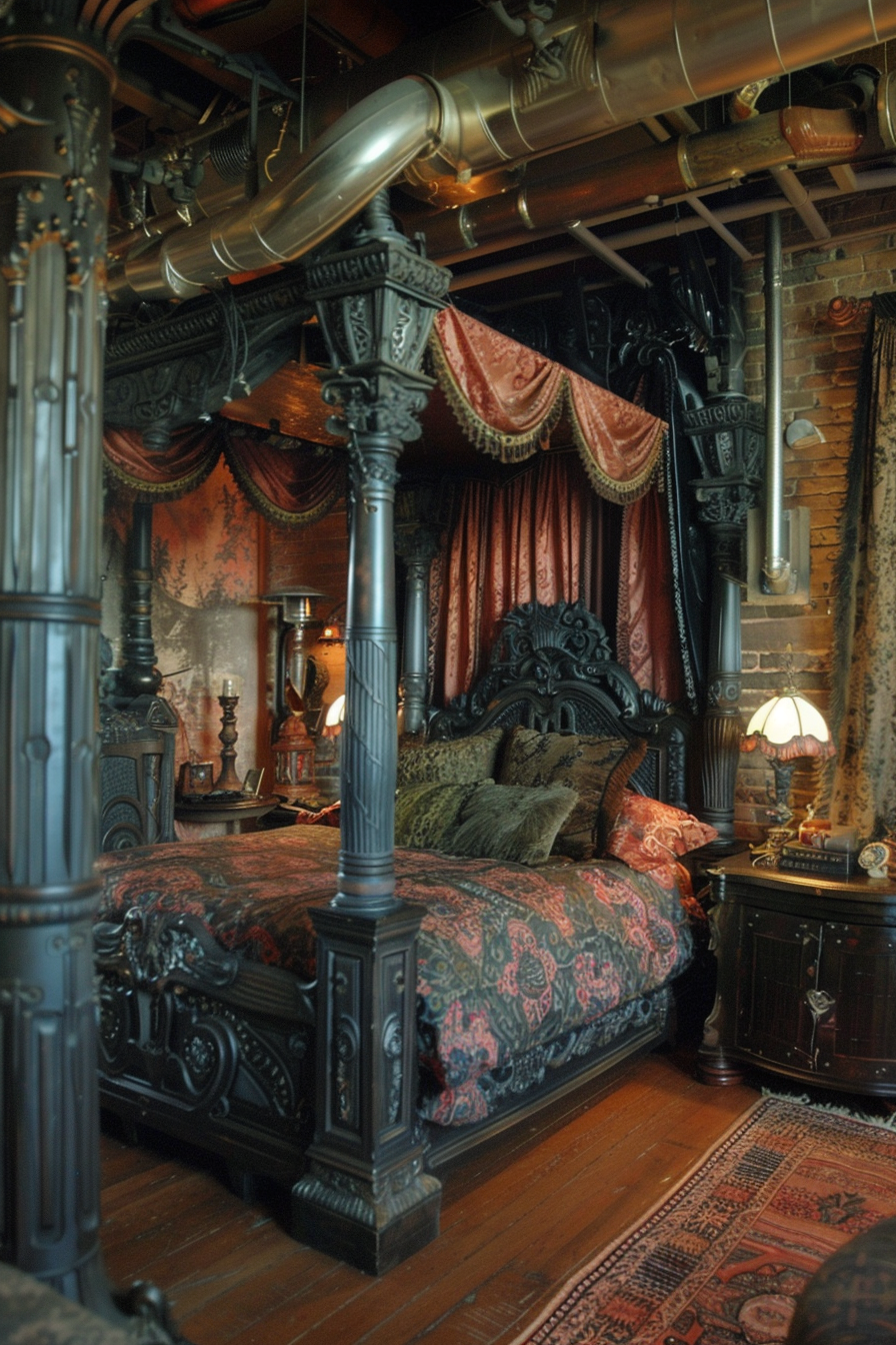 Victorian-style bedroom with an ornate four-poster bed, heavy drapes, exposed brick, and industrial pipes overhead.