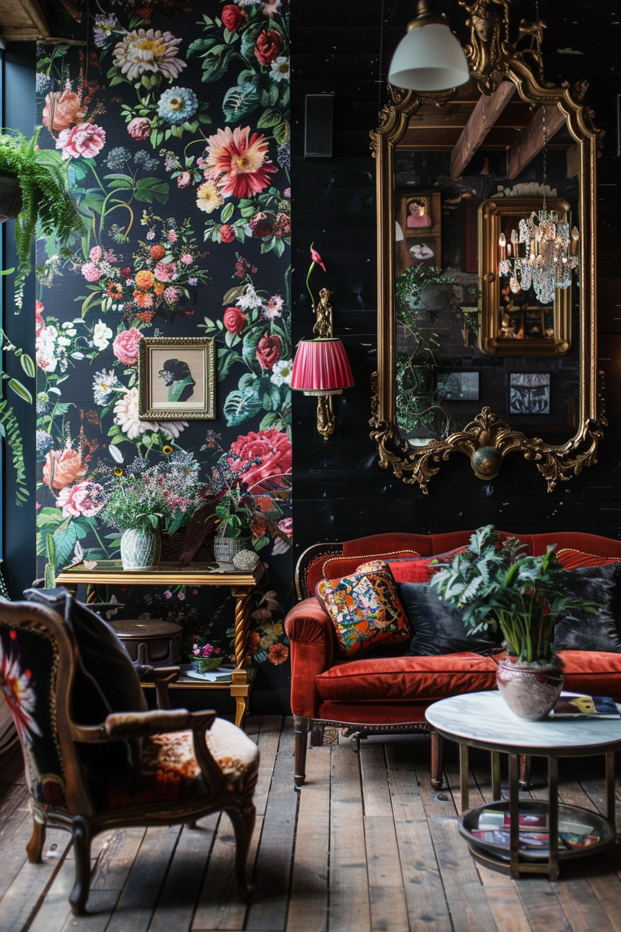 Elegant vintage room with floral wallpaper, gold-framed mirrors, chandelier, red velvet sofa, and ornate furniture.