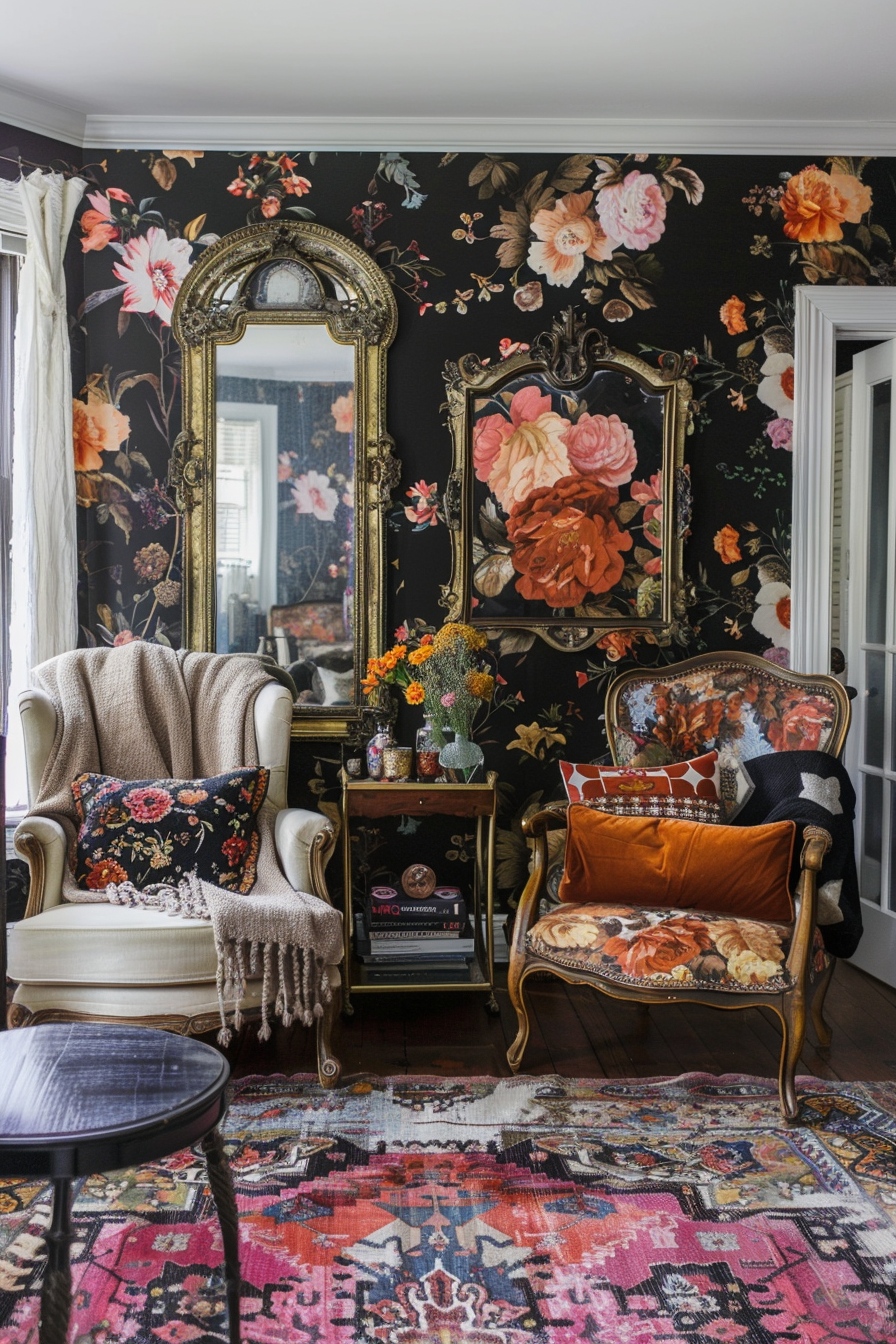 Elegant vintage room with floral wallpaper, antique gilded mirrors, ornate chairs, and a patterned rug.