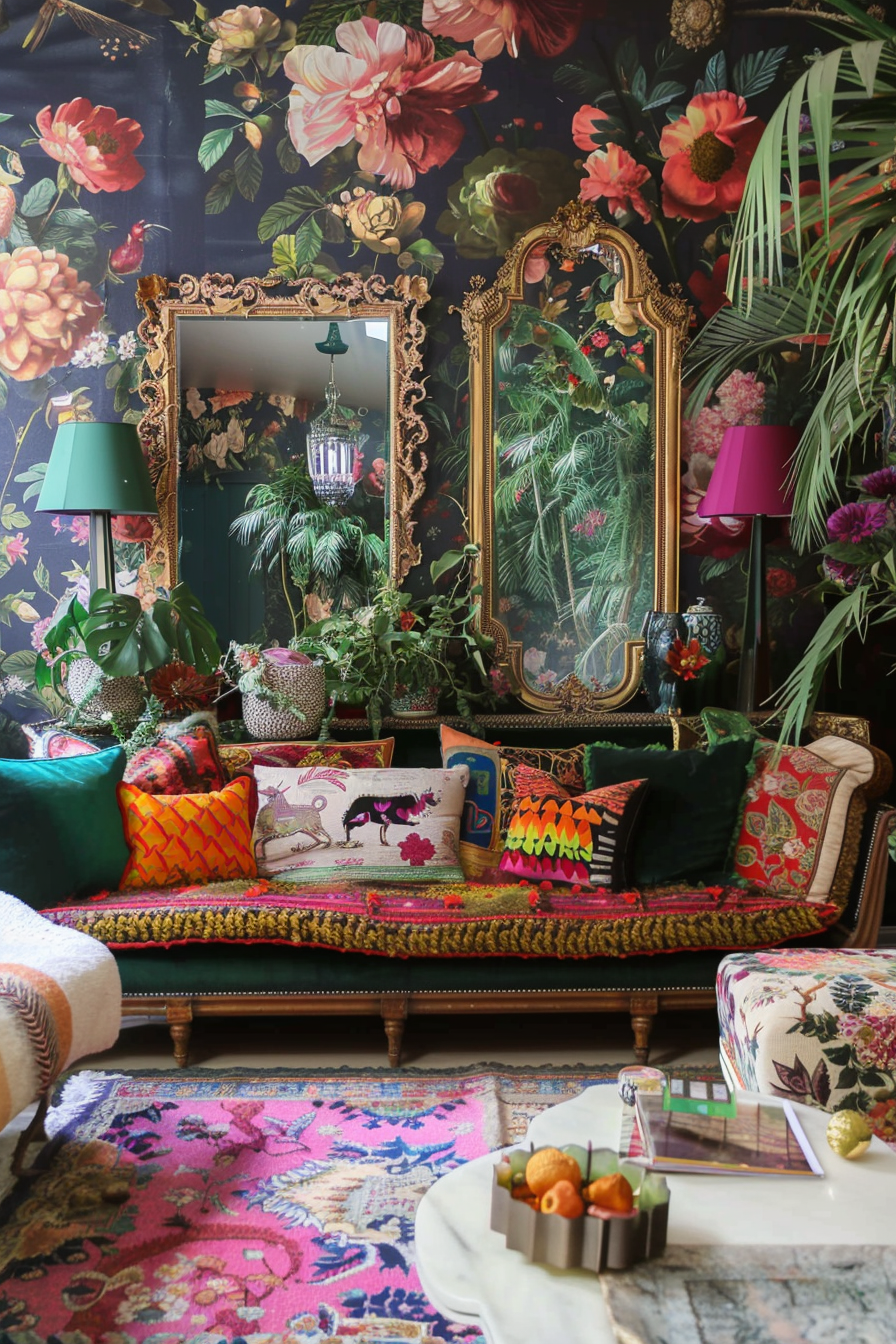 "Eclectic room with floral wallpaper, vintage ornate mirrors, colorful patterned sofa and pillows, plants, and a vibrant rug."