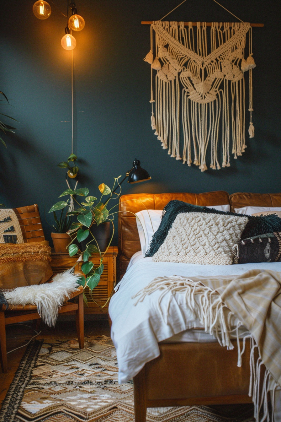 A cozy bedroom with a dark wall, boho macrame wall hanging, leather headboard bed, patterned rug, plants, and warm lighting.