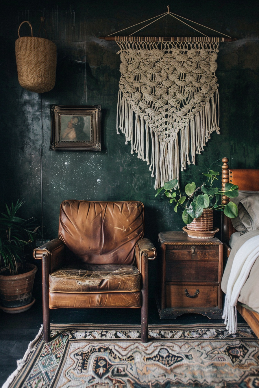 A cozy vintage room corner with a worn leather armchair, a macrame wall hanging, and assorted rustic décor.