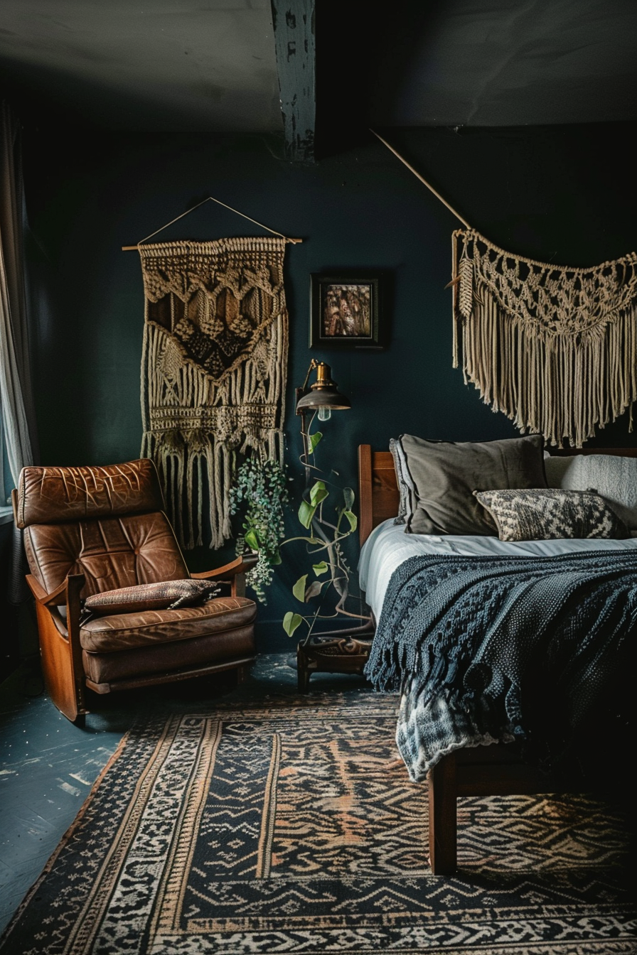 A cozy bedroom with dark walls featuring a macramé wall hanging, a leather armchair, an ornate rug, and a bed with knitted throw blankets.