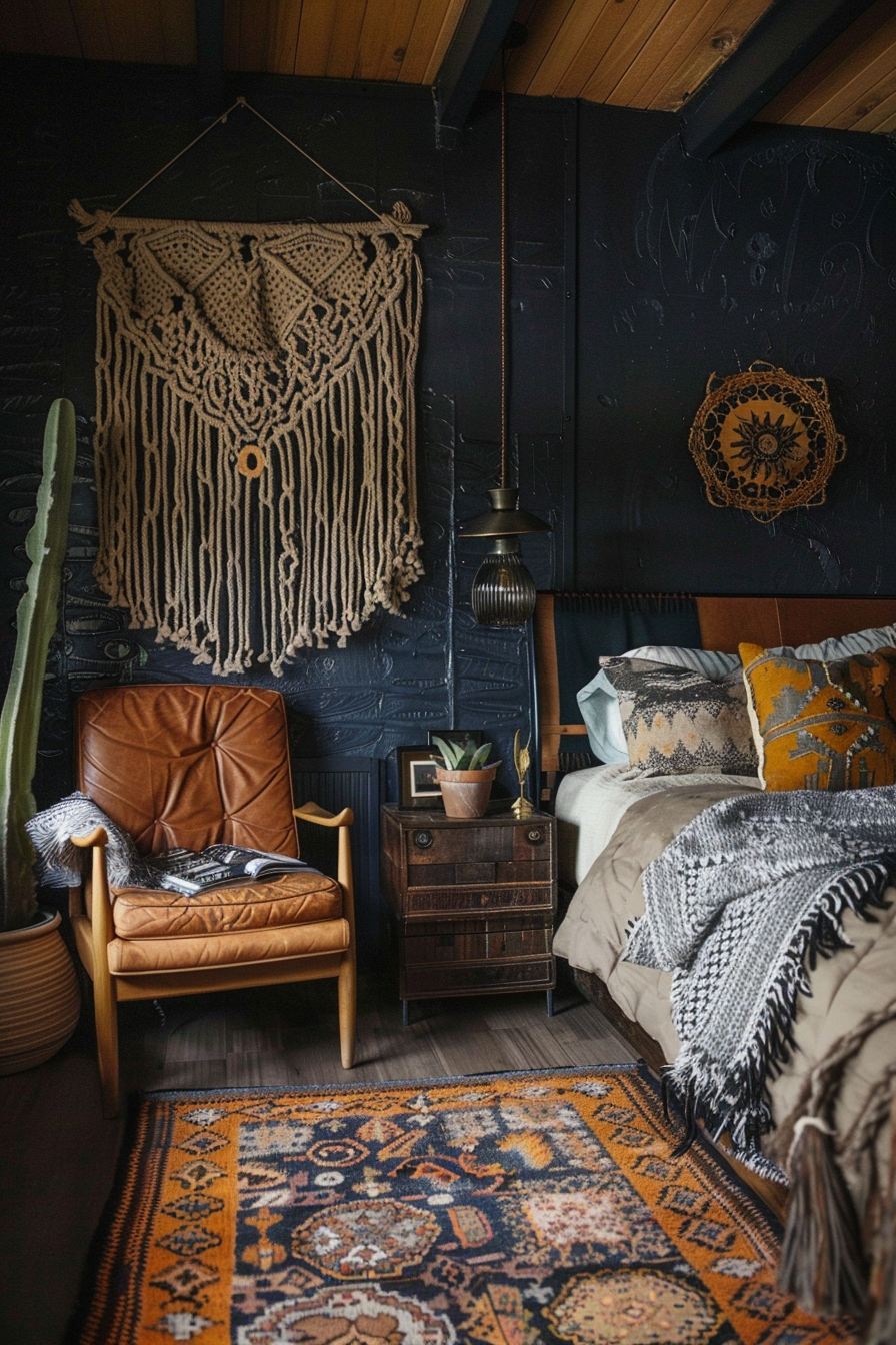 ALT text: "Cozy bedroom with dark walls, a macrame wall hanging, leather chair, patterned area rug and bed with decorative pillows and throws."