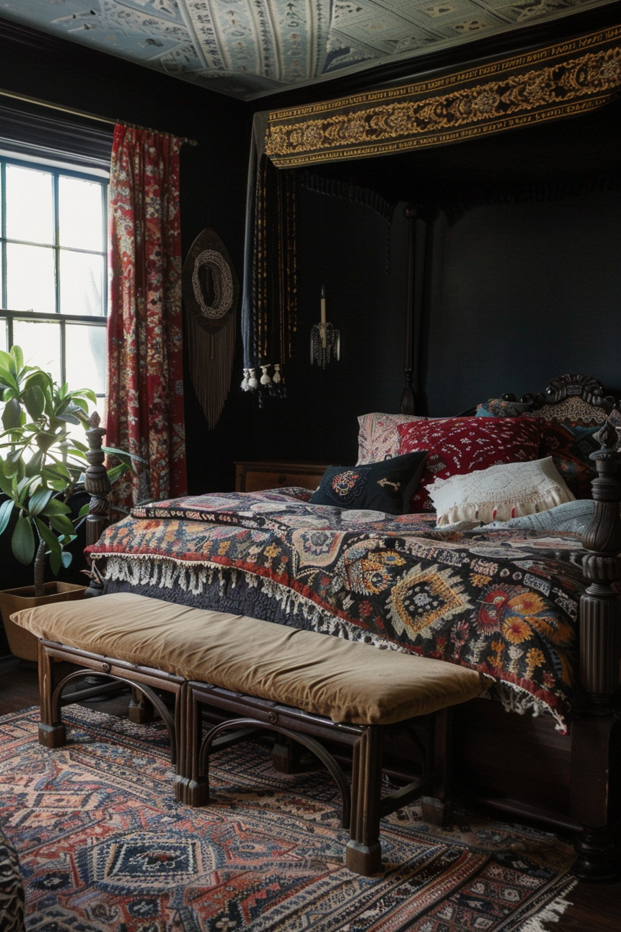 Alt text: A dark elegant bedroom featuring an antique bed with ornate headboard, embroidered bedding, a bench at the foot, and patterned rugs.