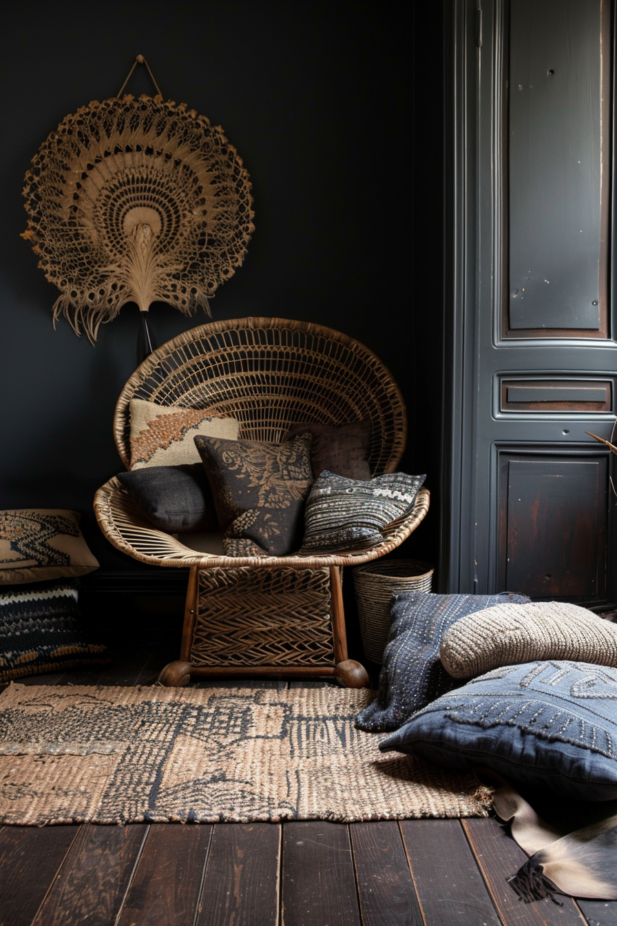 A cozy nook with a rattan peacock chair, assorted patterned pillows, and a woven wall hanging in a room with dark walls and wood flooring.