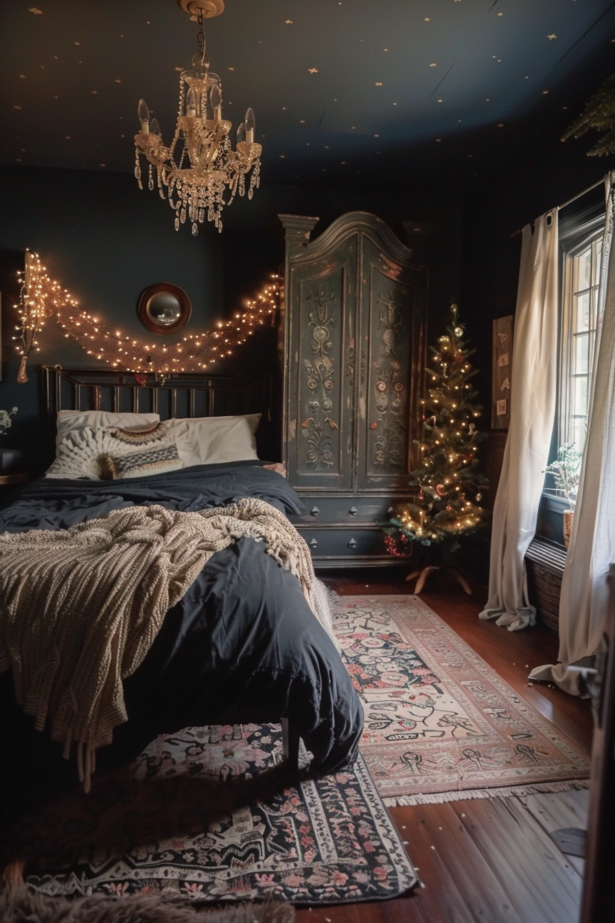 Cozy bedroom with starry ceiling, chandelier, festive lights, a Christmas tree, and a vintage wardrobe on a patterned rug.