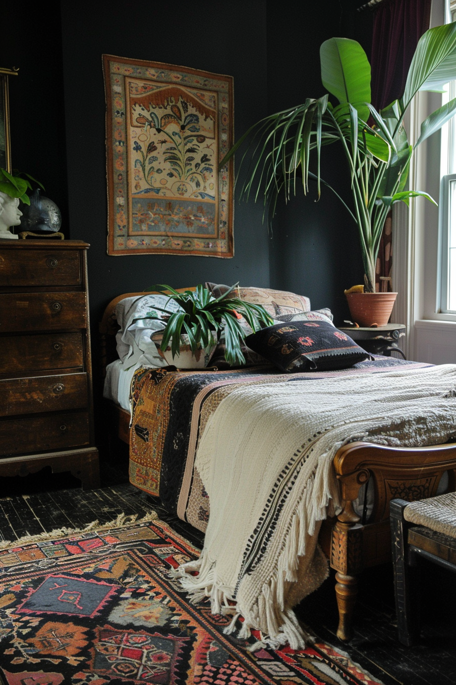 Cozy vintage bedroom with dark walls, antique furniture, oriental rug, and plants by the window.