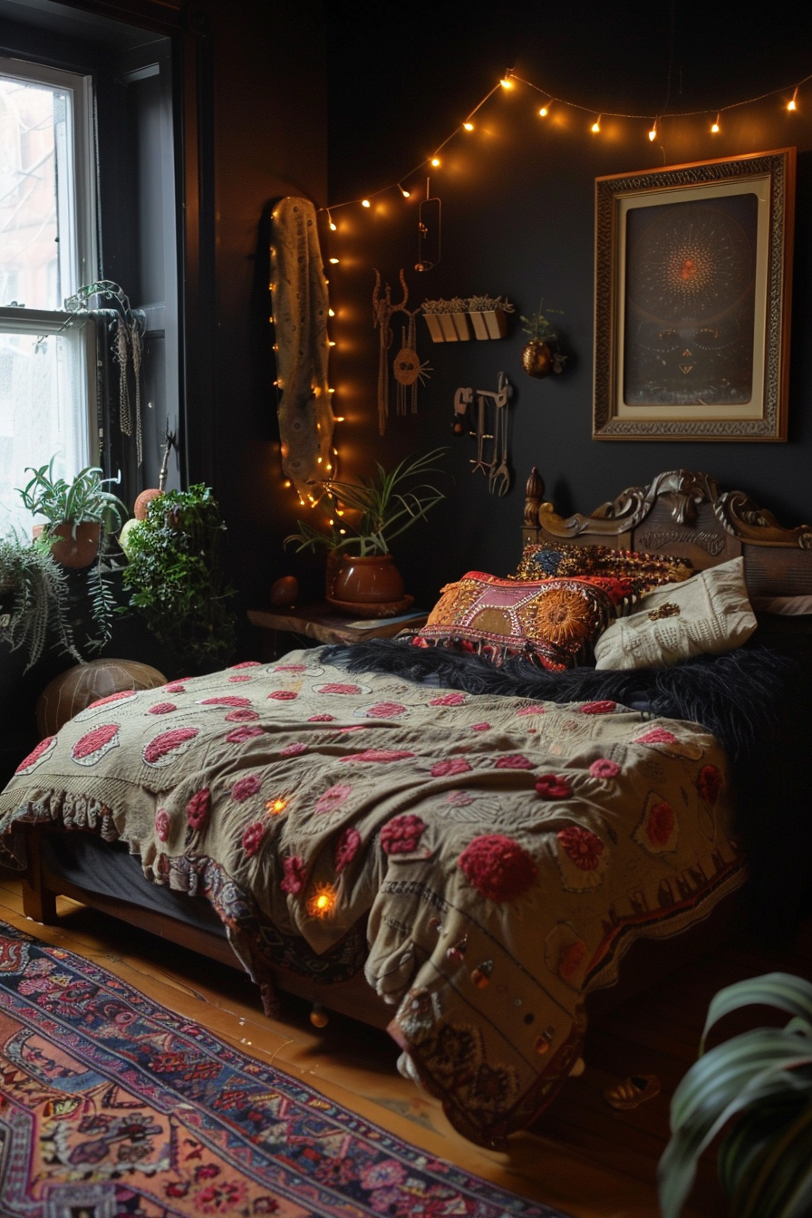 Cozy bedroom with twinkling lights, decorative pillows on a bed with a red and beige patterned blanket, surrounded by plants and dark walls.