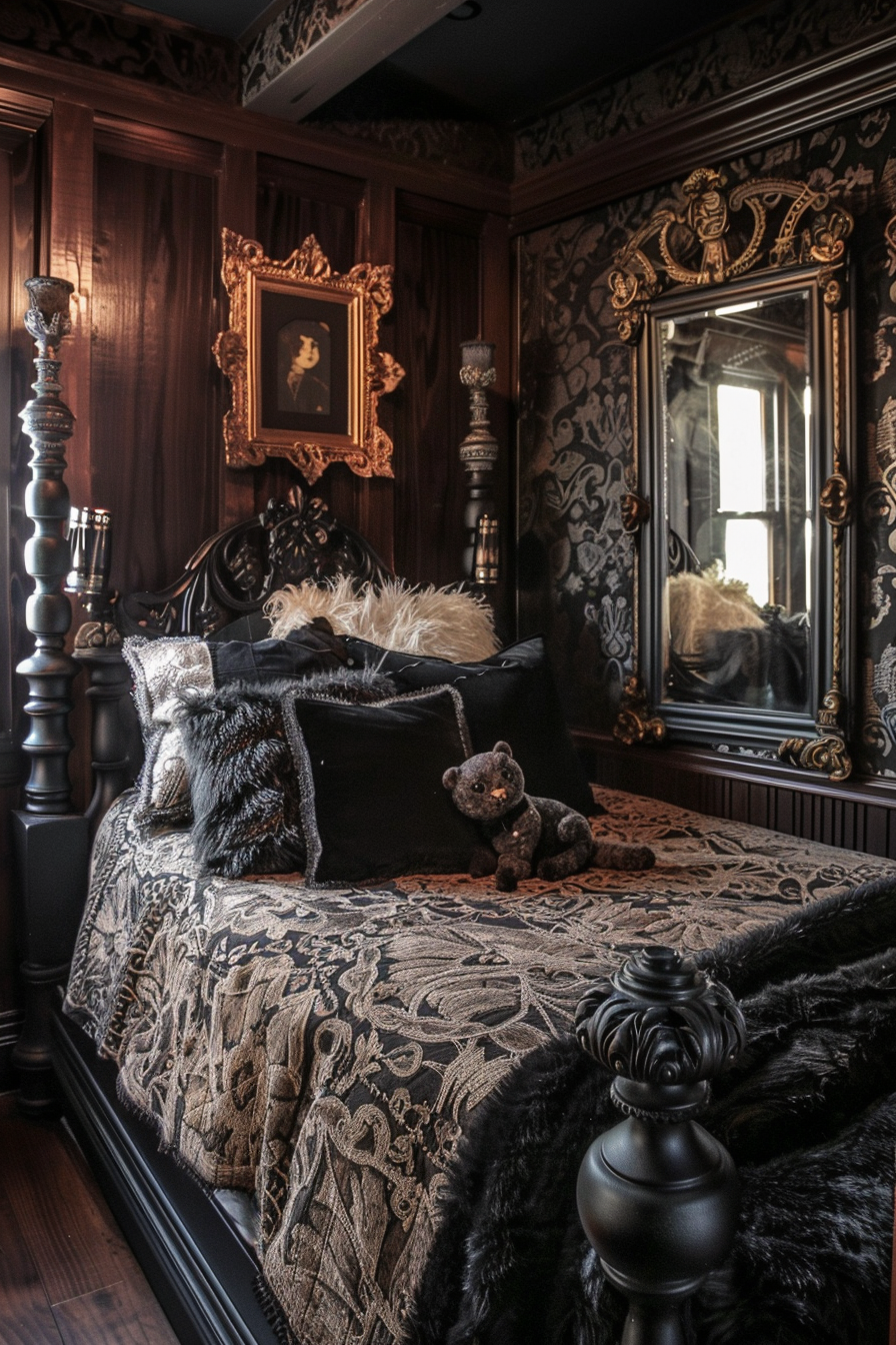 ALT: An ornate dark wood bed with textured bedding, framed portraits, elaborate mirror, and plush pillows in a richly decorated vintage room.