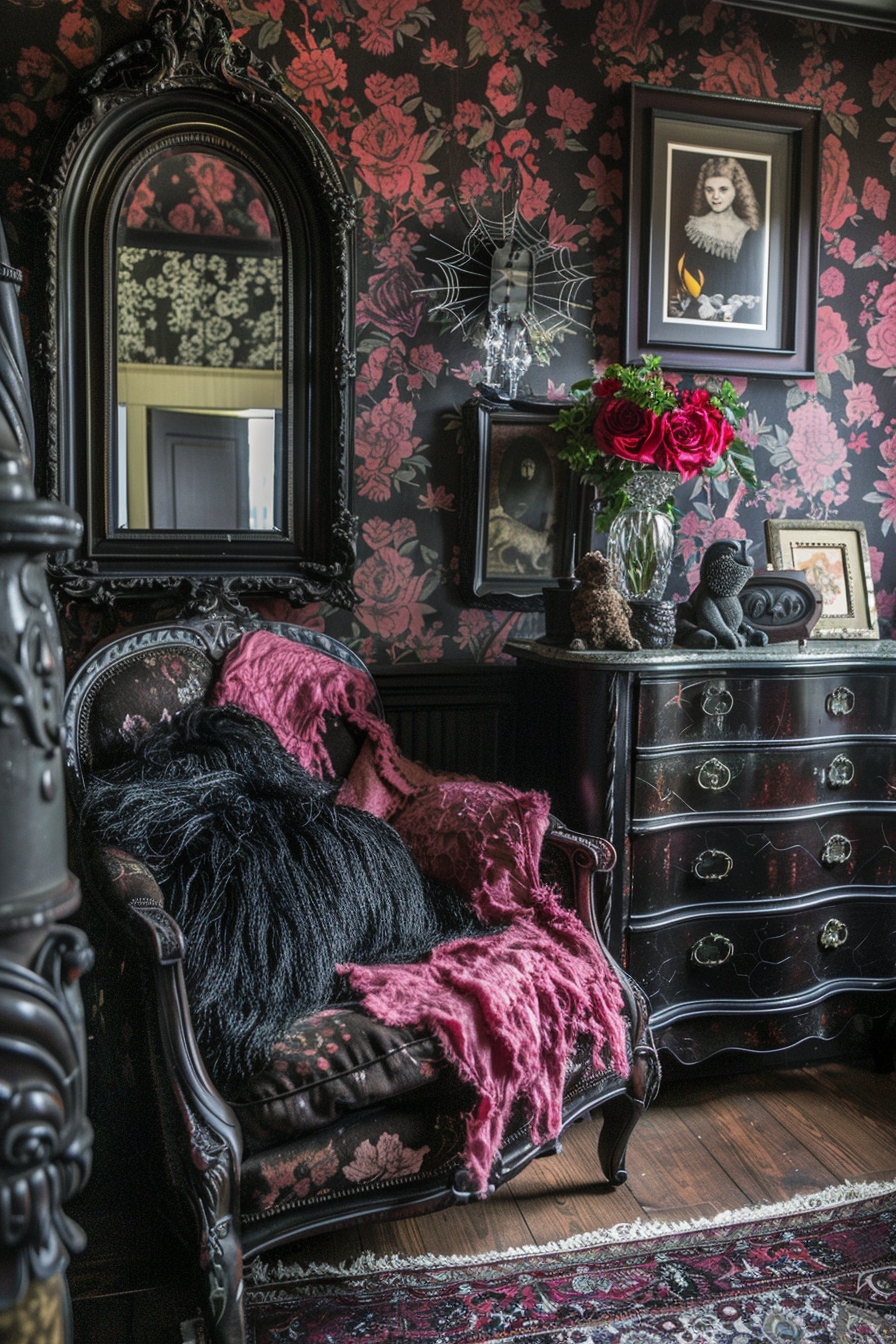 Vintage-style room with ornate furniture, black and pink floral wallpaper, and decorative items like roses and framed pictures.