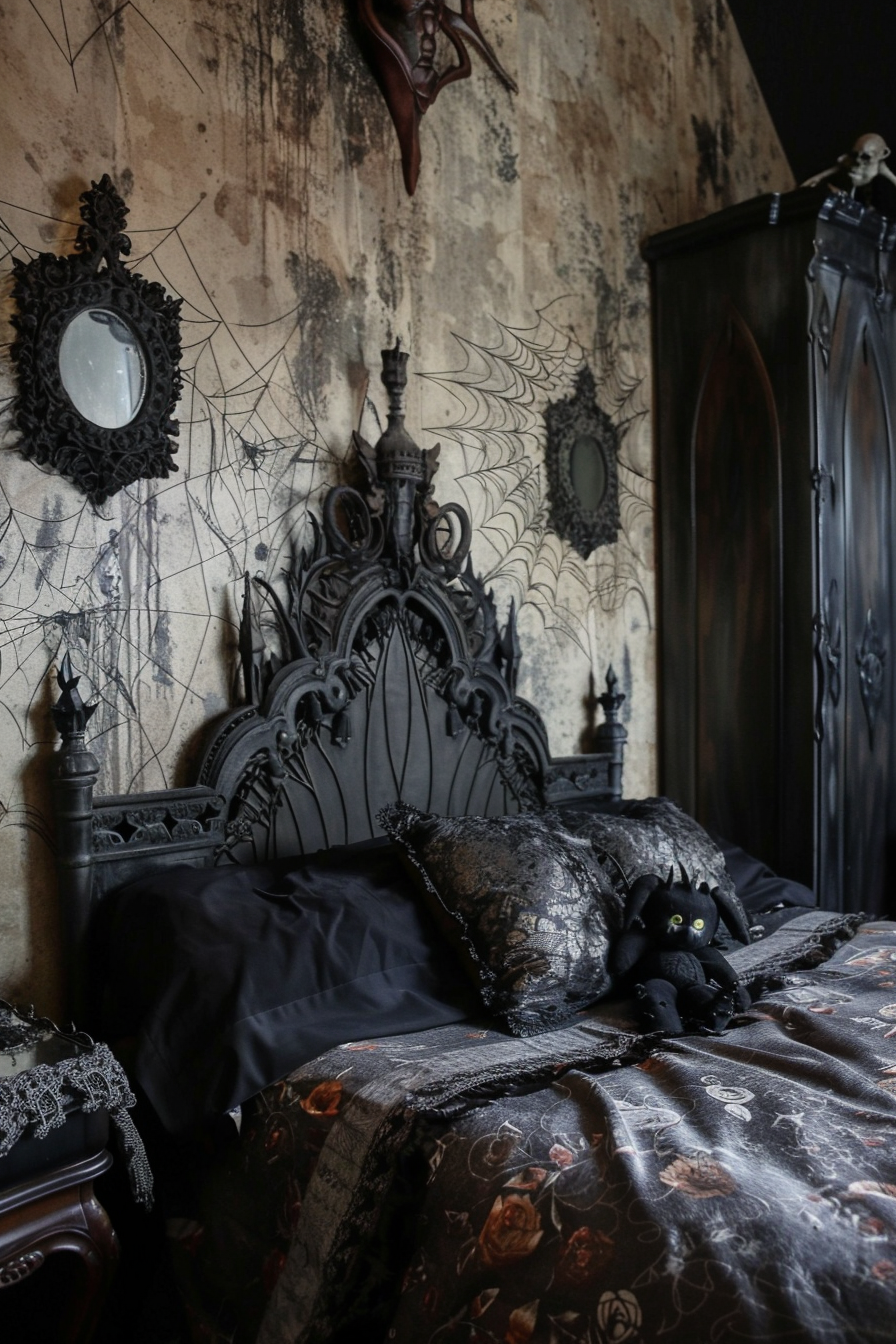 A gothic-themed bedroom with dark-colored bedding, cobwebs, and a bat decoration on a distressed wall.
