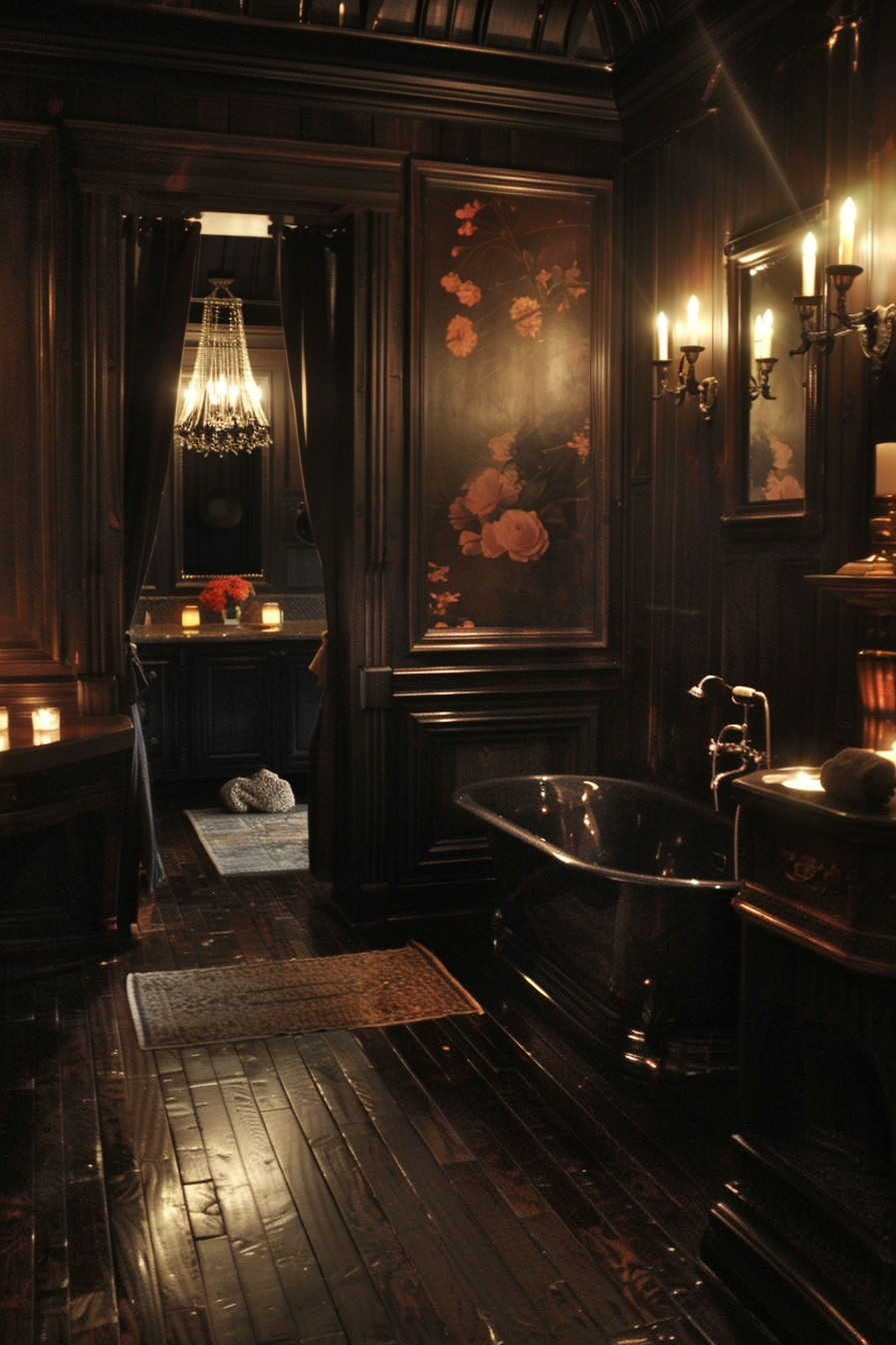 ALT: An elegant, vintage bathroom interior with dark wood paneling, a claw-foot tub, a chandelier, candles, and floral wall art.