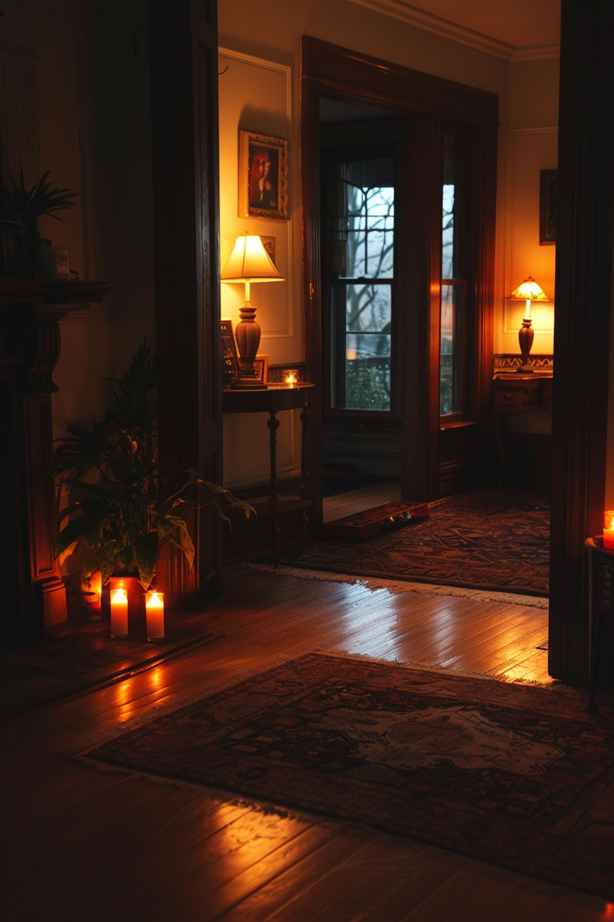 Cozy interior hallway at twilight with warm lamp light and candles, antique furniture, and framed artwork on walls.