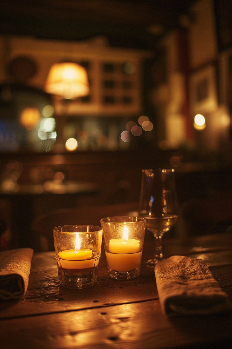 ALT: A cozy candlelit table setting with two glowing candles in glass holders and a wine glass, with soft lighting and a blurred background.