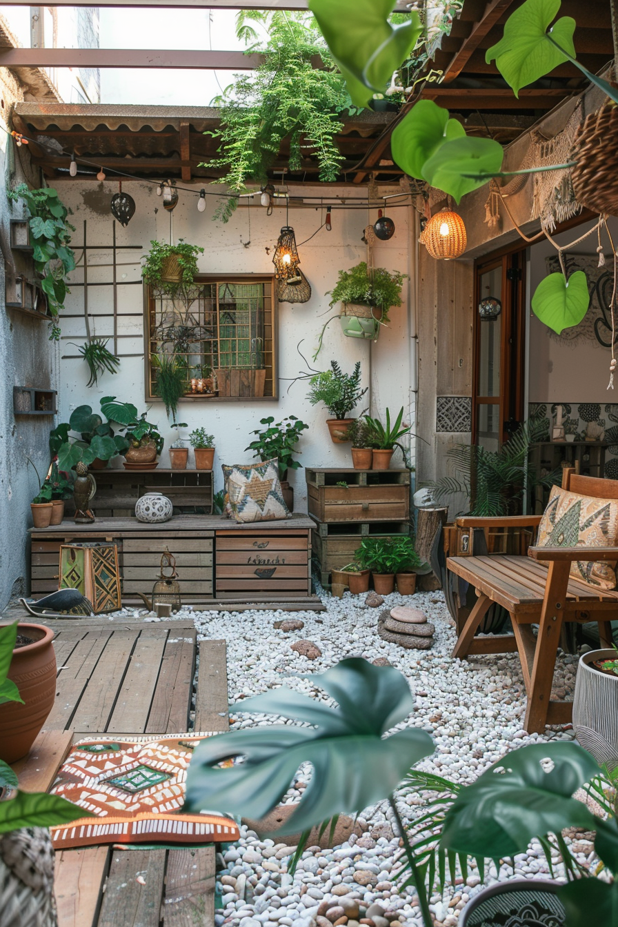 Cozy outdoor patio with wooden furniture, green potted plants, hanging lights, and white pebble ground covering.