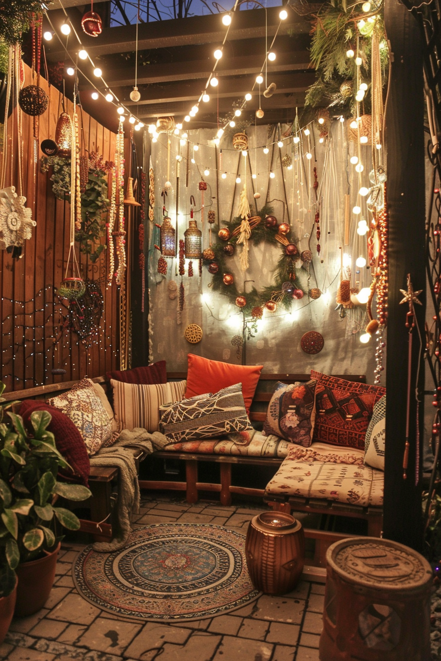 Cozy outdoor balcony decorated with festive lights, ornate pillows, and holiday wreaths, exuding a warm, inviting ambiance.