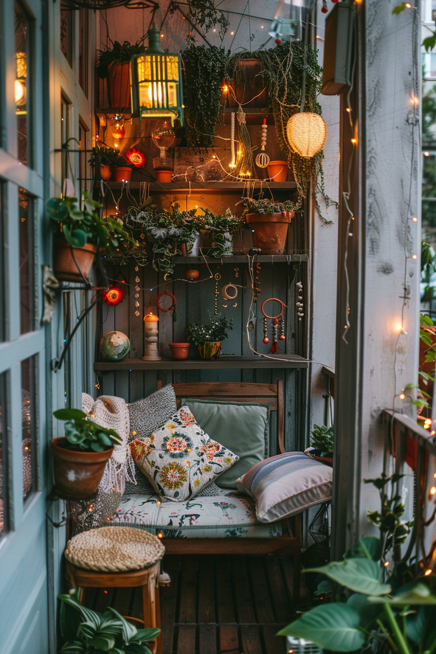 Cozy balcony decorated with many plants, warm lights, and a cushioned bench, creating an inviting outdoor space.