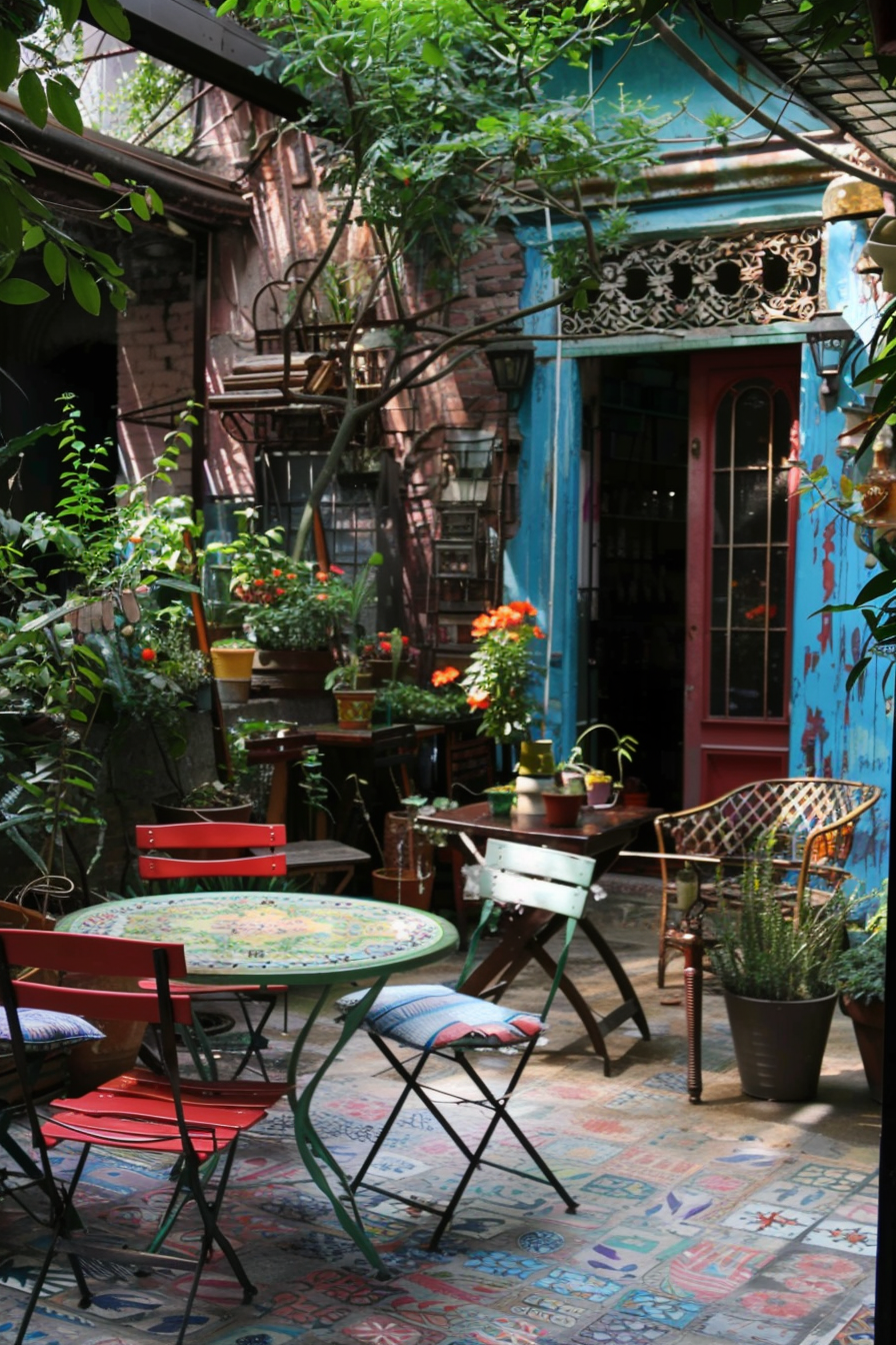 A cozy courtyard with colorful mosaic tables, surrounded by lush green plants, under a daylight-filtered canopy.