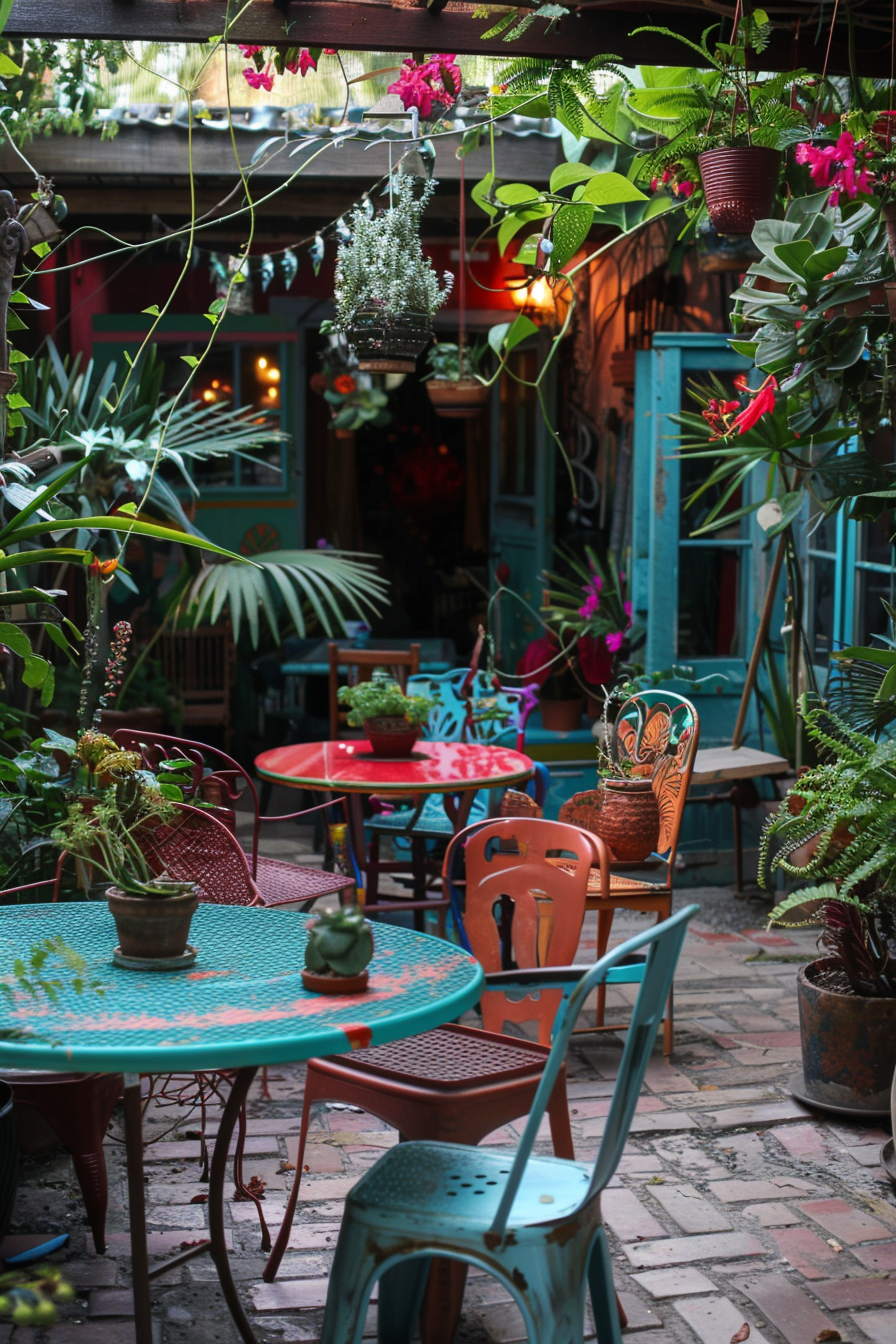 Quaint outdoor café patio adorned with colorful chairs, tables, and an abundance of hanging and potted plants.