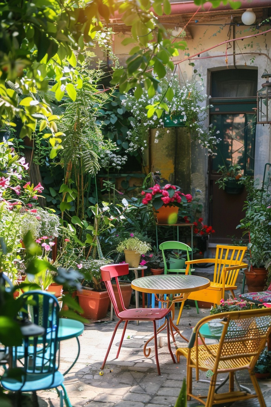 Colorful chairs in a sunlit garden with blooming flowers and lush greenery, creating a cozy outdoor seating area.