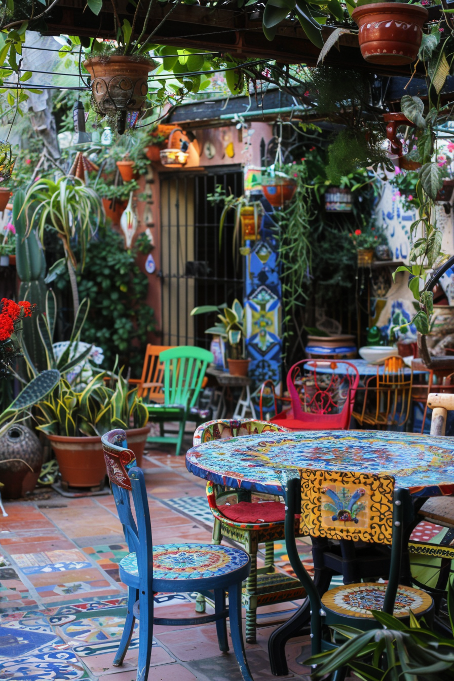 Colorful outdoor patio with mosaic tables and chairs surrounded by lush plants and hanging pots.
