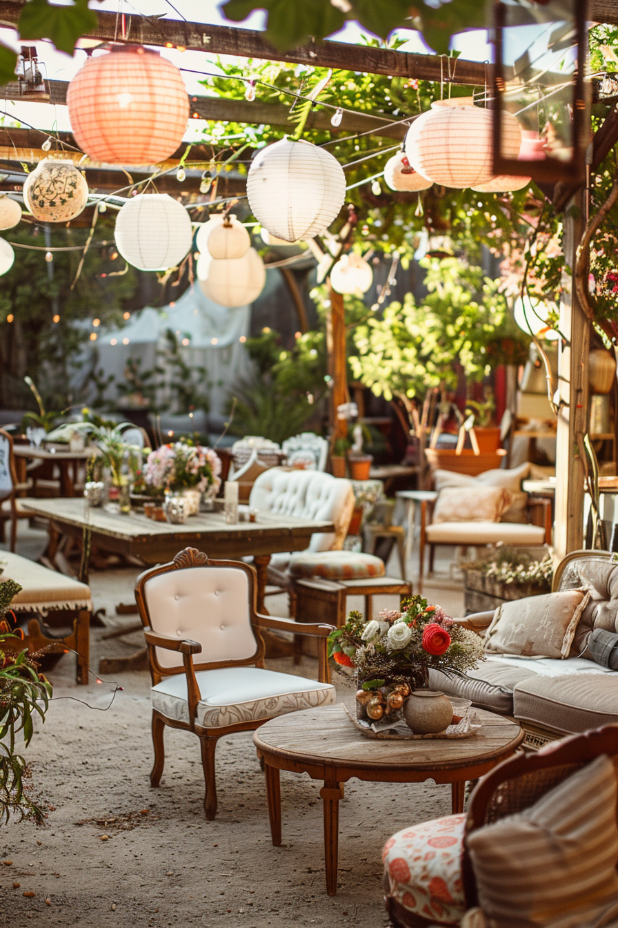 Cozy outdoor seating area adorned with eclectic furniture, lanterns, string lights, and potted plants.