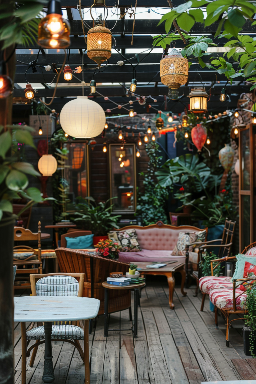 Cozy outdoor patio with eclectic furniture, string lights, and hanging lanterns, creating an inviting and warm atmosphere.