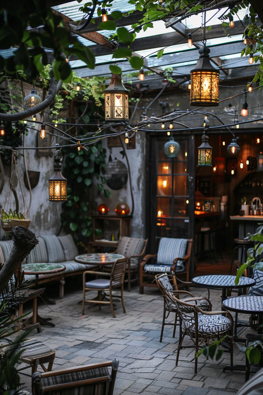Cozy outdoor patio with eclectic lanterns hanging from trees, string lights above, and a variety of seating options.