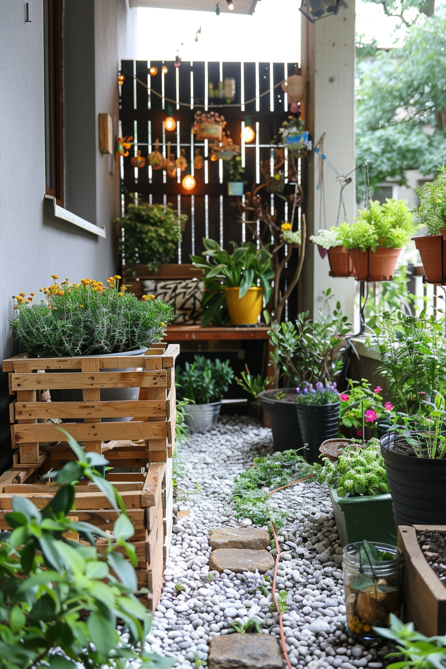 A cozy balcony garden with an array of potted plants, wooden crates, pebble path, and string lights.