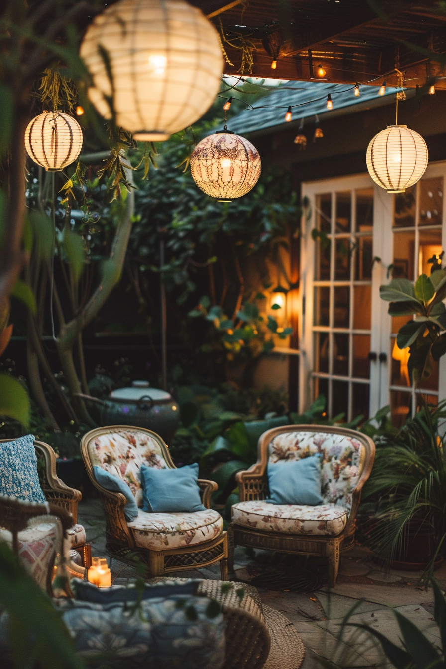 Cozy outdoor seating area with patterned wicker chairs, blue cushions, hanging lanterns, and twinkling string lights amidst lush greenery.
