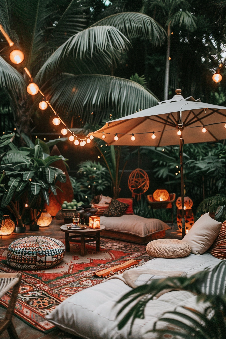 Cozy outdoor seating area with string lights, cushions on Persian rugs, and an umbrella surrounded by lush greenery at dusk.