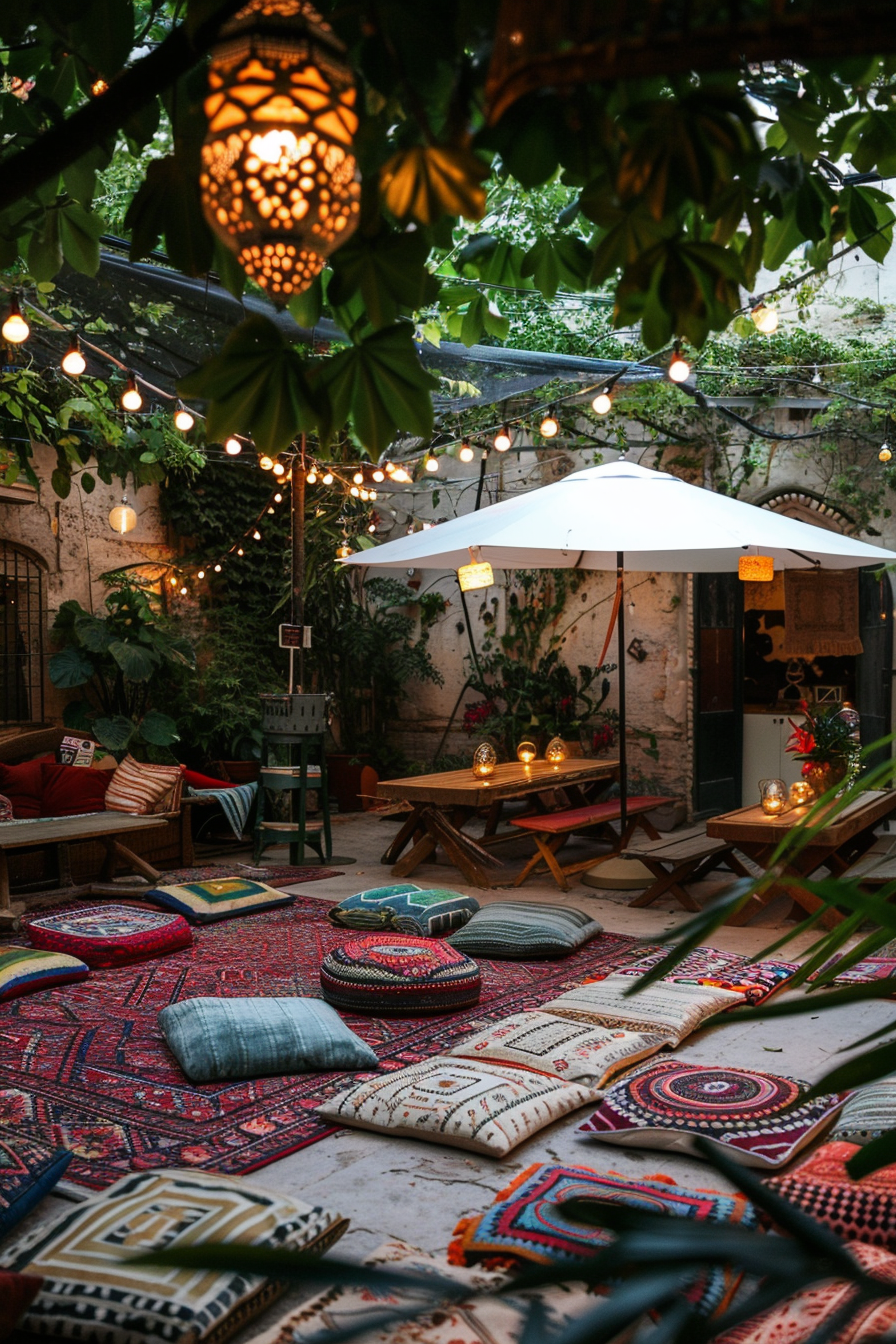 Cozy outdoor patio with eclectic cushions on rugs, string lights, umbrella, and a lantern, creating an inviting bohemian ambiance.