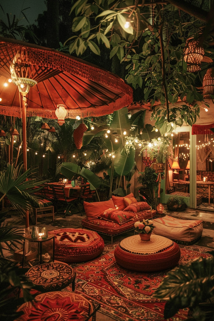 An inviting outdoor bohemian lounge at night adorned with colorful cushions, patterned rugs, twinkling lights, and lush plants.